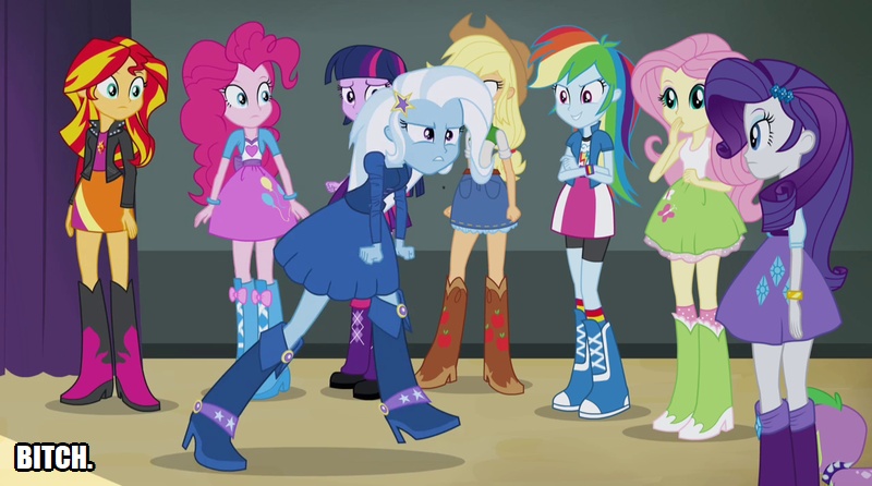 Size: 800x446 | Tagged: safe, derpibooru import, screencap, applejack, fluttershy, pinkie pie, rainbow dash, rarity, spike, sunset shimmer, trixie, twilight sparkle, dog, equestria girls, rainbow rocks, bitch, caption, humane five, image macro, meme, rainbooms, spike the dog, text, trixie yells at everything