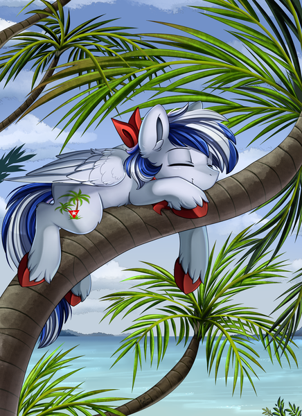 Size: 2550x3509 | Tagged: safe, artist:pridark, derpibooru import, oc, unofficial characters only, pegasus, pony, commission, eyes closed, high res, island, male, neckerchief, ocean, palm tree, relaxed, resting, sand, scenery, shore, smiling, solo, stallion, tree, unshorn fetlocks, water