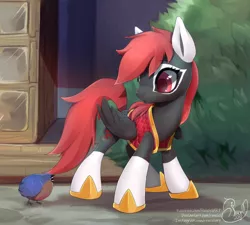 Size: 1024x922 | Tagged: safe, artist:renciel, derpibooru import, oc, oc:fire cracker, unofficial characters only, bird, pegasus, pony, quail, clothes, female, mare