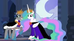 Size: 1184x666 | Tagged: safe, artist:disneymarvel96, derpibooru import, king sombra, princess celestia, alicorn, pony, unicorn, cape, castle, celestibra, clothes, cosplay, costume, couple, crown, disney, evil queen, female, good king sombra, grimhilde, jewelry, male, necklace, regalia, robe, shipping, snow white, snow white and the seven dwarfs, stained glass, straight