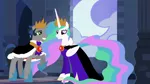 Size: 1184x666 | Tagged: safe, artist:disneymarvel96, derpibooru import, king sombra, princess celestia, alicorn, pony, unicorn, cape, castle, celestibra, clothes, cosplay, costume, couple, crown, disney, evil queen, female, good king sombra, grimhilde, jewelry, male, necklace, regalia, robe, shipping, snow white, snow white and the seven dwarfs, stained glass, straight