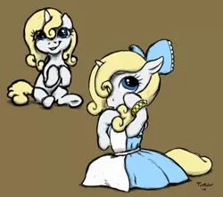 Size: 1700x1500 | Tagged: safe, artist:trefoiler, derpibooru import, oc, oc:petticoat, unofficial characters only, pony, unicorn, bow, bracelet, clothes, colt, crossdressing, dress, femboy, foal, girly, hair bow, jewelry, looking at you, male, simple background, sitting, smiling, solo, trap