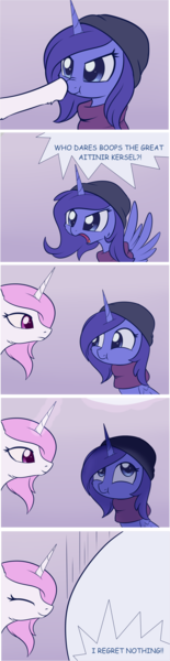 Size: 1254x4850 | Tagged: safe, artist:dusthiel, derpibooru import, oc, oc:astrum, oc:krinita, alicorn, pony, ambient.prologue, alicorn oc, ambient.white, boop, clothes, comic, cute, dialogue, female, hat, horn, i regret nothing, not celestia, not luna, scarf, scrunchy face, to the moon, wings