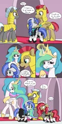 Size: 2000x4000 | Tagged: safe, artist:skitter, derpibooru import, princess celestia, oc, oc:swift sweep, alicorn, pony, unicorn, comic:demoted, armor, braid, clothes, embarrassed, featureless crotch, female, floppy ears, glowing horn, helmet, horn, karma, magic, maid, male, male to female, royal guard, rule 63, scroll, shoes, skirt, smiling, speech bubble, teary eyes, telekinesis, transformation, transgender transformation, trollestia, upskirt, wavy mouth