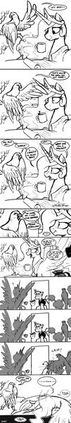 Size: 2382x14147 | Tagged: artist:selenophile, bird, bird luna, caught, coffee, comic, derpibooru import, dialogue, funny, implied lesbian, implied princest, implied shipping, macaw, monochrome, mug, princess celestia, princess luna, silly, sketch, spread wings, suggestive, text, trolluna, waiter, wingboner, wings