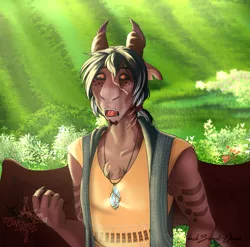 Size: 1919x1899 | Tagged: anthro, anthro oc, artist:blackblood-queen, barely pony related, clothes, derpibooru import, dragon, dragon oc, floppy ears, gem, male, oc, oc:claudis, red eyes, safe, scar, shirt, story in the source, sunlight, torn ear, unofficial characters only