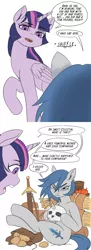 Size: 1280x3526 | Tagged: safe, artist:mod-of-chaos, derpibooru import, twilight sparkle, twilight sparkle (alicorn), oc, oc:naked steel, oc:torch light, alicorn, earth pony, pony, unicorn, apple, comic, duo, ear piercing, earring, female, food, hay, jewelry, mare, piercing, potato, simple background, skull, speech bubble, sword, warhammer (game), warhammer fantasy, weapon, wheat, white background