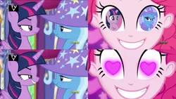 Size: 1078x608 | Tagged: safe, derpibooru import, edit, edited screencap, screencap, pinkie pie, trixie, twilight sparkle, twilight sparkle (alicorn), alicorn, coinky-dink world, eqg summertime shorts, equestria girls, no second prances, female, heart eyes, lesbian, meme, pinkie's eyes, shipping, shipping domino, twixie, wingding eyes