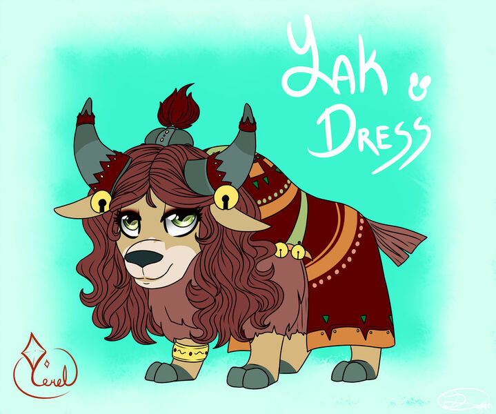 Size: 1024x854 | Tagged: artist:mimkage, bracelet, clothes, cloven hooves, derpibooru import, dress, female, gradient background, jewelry, jingle bells, safe, smiling, solo, yak, yona