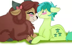 Size: 800x500 | Tagged: safe, artist:zee-stitch, derpibooru import, sandbar, yona, yak, blushing, bow, cloven hooves, female, hair bow, holding hooves, interspecies, looking at each other, male, missing accessory, monkey swings, prone, shipping, simple background, straight, teenager, yonabar