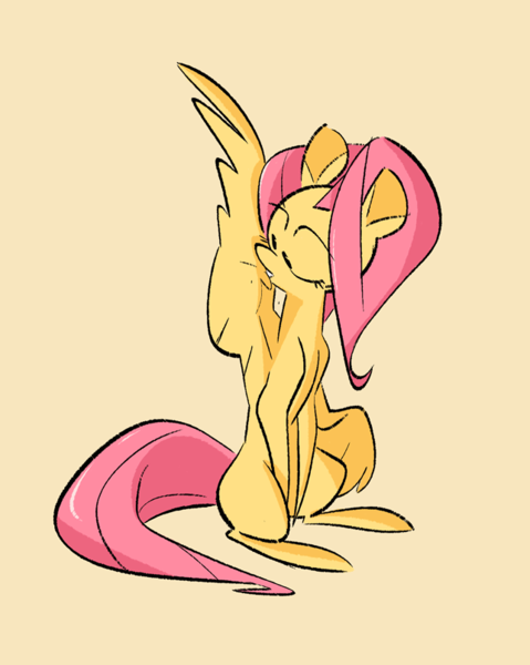 Size: 643x805 | Tagged: safe, artist:fluttershythekind, derpibooru import, fluttershy, pegasus, pony, behaving like a bird, female, grooming, mare, missing cutie mark, preening, simple background, sitting, solo, yellow background