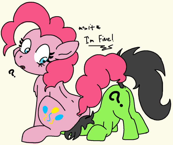 Size: 1181x993 | Tagged: suggestive, artist:lockhe4rt, derpibooru import, pinkie pie, oc, oc:anonfilly, earth pony, pony, balloonbutt, butt, chest fluff, dialogue, faceful of ass, facesitting, female, filly, looking back, plot, question mark, simple background, sitting, text, white background