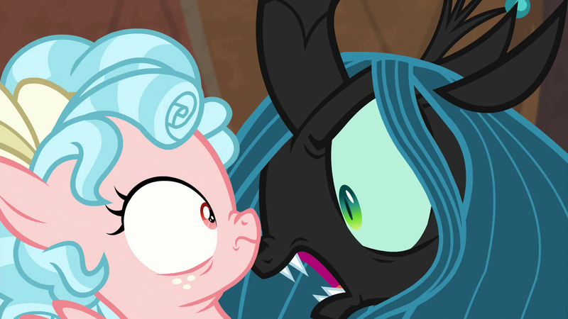 Size: 1920x1080 | Tagged: safe, derpibooru import, screencap, cozy glow, queen chrysalis, changeling, changeling queen, pegasus, pony, frenemies (episode), cozybuse, fangs, female, filly, foal, open mouth, wide eyes