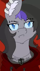 Size: 1836x3264 | Tagged: safe, artist:feelingpandy, derpibooru import, oc, oc:lunar stride, unofficial characters only, bat pony, pony, bat pony oc, bat wings, blank expression, blue eyes, blue sclera, clothes, ear piercing, eyebrow piercing, hoodie, jewelry, latin, lip piercing, necklace, piercing, red background, simple background, tattoo, wings