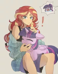 Size: 1400x1800 | Tagged: safe, artist:tcn1205, derpibooru import, sci-twi, sunset shimmer, twilight sparkle, twilight sparkle (alicorn), alicorn, human, pony, equestria girls, cute, duo, exclamation point, eyes closed, female, holding a pony, human on pony petting, humanized, implied lesbian, implied scitwishimmer, implied shipping, implied sunset twiangle, implied sunsetsparkle, lesbian, looking at you, petting, polyamory, pony coloring, scitwishimmer, shipping, sitting on lap, sunset twiangle, sunsetsparkle, twiabetes, twolight