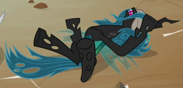 Size: 612x296 | Tagged: blindfold, changeling, changeling queen, cropped, derpibooru import, female, frenemies (episode), lord tirek, queen chrysalis, safe, screencap, solo focus