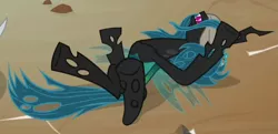 Size: 612x296 | Tagged: blindfold, changeling, changeling queen, cropped, derpibooru import, female, frenemies (episode), lord tirek, queen chrysalis, safe, screencap, solo focus