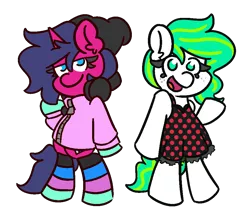 Size: 950x850 | Tagged: safe, artist:threetwotwo32232, derpibooru import, oc, oc:fizzy pop, oc:mints, unofficial characters only, earth pony, pony, unicorn, clothes, dress, female, hoodie, looking at you, mare, simple background, socks, striped socks, transparent background