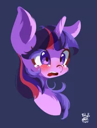 Size: 773x1024 | Tagged: safe, artist:tohupo, derpibooru import, twilight sparkle, twilight sparkle (alicorn), alicorn, pony, blushing, bust, crying, female, horn, lineless, mare, open mouth, portrait, simple background, solo