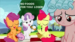 Size: 1280x720 | Tagged: safe, derpibooru import, edit, edited screencap, screencap, apple bloom, cozy glow, scootaloo, sweetie belle, pegasus, pony, marks for effort, abuse, alternate ending, bully, bullying, cozybuse, cutie mark crusaders, engrish, engrish in the description, female, filly, out of character, sad, this will end in school shooting