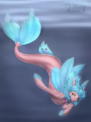 Size: 2902x3850 | Tagged: artist:noodlefreak88, derpibooru import, female, fins, fin wings, fish tail, high res, looking at you, oc, oc:cyclone stormchaser, safe, seapony (g4), seashell necklace, solo, swimming, underwater, unofficial characters only, water, watermark, wings, yellow eyes