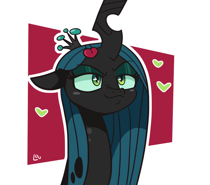 Size: 1650x1454 | Tagged: abstract background, artist:lou, bust, changeling, changeling queen, crown, cute, cutealis, derpibooru import, female, hair accessory, hairclip, heart, jewelry, portrait, queen chrysalis, regalia, safe, solo