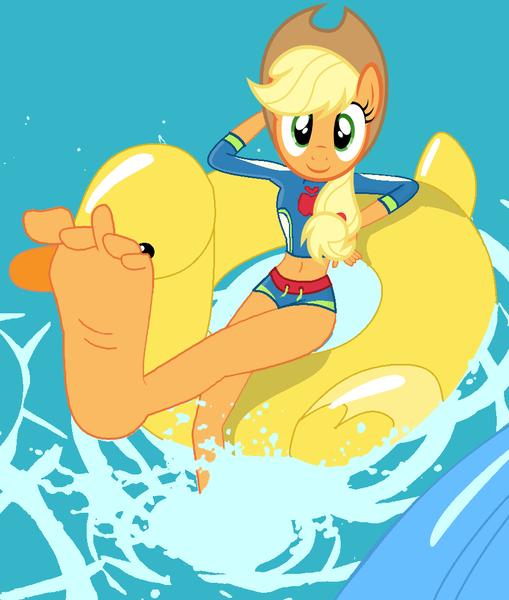 Size: 916x1080 | Tagged: safe, derpibooru import, edit, edited screencap, editor:sonic ranger, screencap, applejack, anthro, equestria girls, equestria girls series, i'm on a yacht, spoiler:eqg series (season 2), applejack's hat, barefoot, base used, belly button, clothes, cowboy hat, feet, flutterfeet, foot focus, hat, humanoid, midriff, pony face, soles, solo, swimsuit, wiggling toes