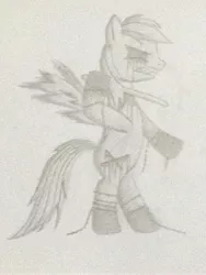 Size: 2448x3264 | Tagged: grimdark, artist:don2602, derpibooru import, rainbow dash, pegasus, pony, angry, bipedal, black and white, blood, broken wings, chains, empty eyes, grayscale, monochrome, my little amnesia, neck brace, one hoof raised, shading, sketch, solo, traditional art, wings