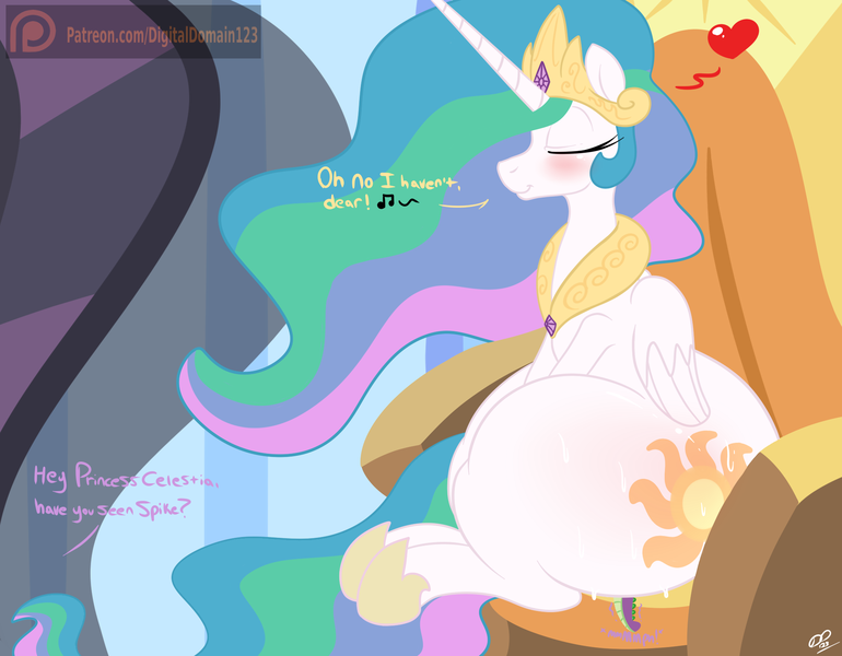 Size: 2000x1559 | Tagged: questionable, artist:digitaldomain123, derpibooru import, princess celestia, spike, twilight sparkle, alicorn, dragon, pony, princess molestia, ass, butt, butt smothering, faceful of ass, facesitting, facesitting on spike, female, femdom, hoof shoes, huge butt, large butt, male, malesub, offscreen character, patreon, patreon logo, shipping, smothering, spikelestia, straight, submissive, sunbutt, sweaty ass, the ass was fat