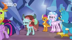 Size: 1280x720 | Tagged: safe, derpibooru import, screencap, gallus, ocellus, silverstream, smolder, thorax, twilight sparkle, twilight sparkle (alicorn), yona, alicorn, changedling, changeling, classical hippogriff, dragon, gryphon, hippogriff, pony, yak, uprooted, bow, cloven hooves, colored hooves, discovery family logo, dragoness, female, hair bow, jewelry, king thorax, male, monkey swings, necklace, sad