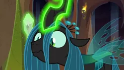 Size: 1920x1080 | Tagged: changeling, confused, crown, derpibooru import, evil lair, female, fire, former queen chrysalis, frenemies (episode), frown, glowing horn, grogar's lair, horn, jewelry, lair, log, looking down, queen chrysalis, regalia, safe, screencap, slit eyes, solo, torch, wide eyes