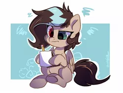 Size: 1600x1200 | Tagged: safe, artist:colorfulcolor233, derpibooru import, oc, oc:keetch, unofficial characters only, pegasus, pony, abstract background, art trade, drawing, frown, heterochromia, simple background, sitting, solo