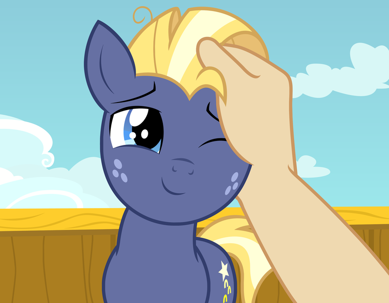 Size: 2500x1950 | Tagged: safe, artist:badumsquish, derpibooru import, star tracker, earth pony, human, pony, once upon a zeppelin, cute, freckles, hand, human on pony petting, male, offscreen character, offscreen human, one eye closed, petting, pov, show accurate, sky, smiling, solo, stallion, trackerbetes, wink