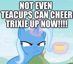 Size: 713x622 | Tagged: safe, derpibooru import, edit, edited screencap, screencap, trixie, pony, unicorn, student counsel, angry, caption, cropped, cup, excessive exclamation marks, female, image macro, magic, magic aura, mare, meme, solo, teacup, telekinesis, text, that pony sure does love teacups, trixie is not amused, trixie yells at everything, unamused