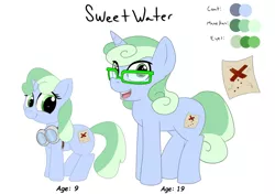 Size: 1121x788 | Tagged: safe, artist:augustbebel, artist:dandybound, artist:plinko, derpibooru import, oc, oc:sweetwater, pony, unicorn, age difference, female, filly, glasses, goggles, mare, reference sheet