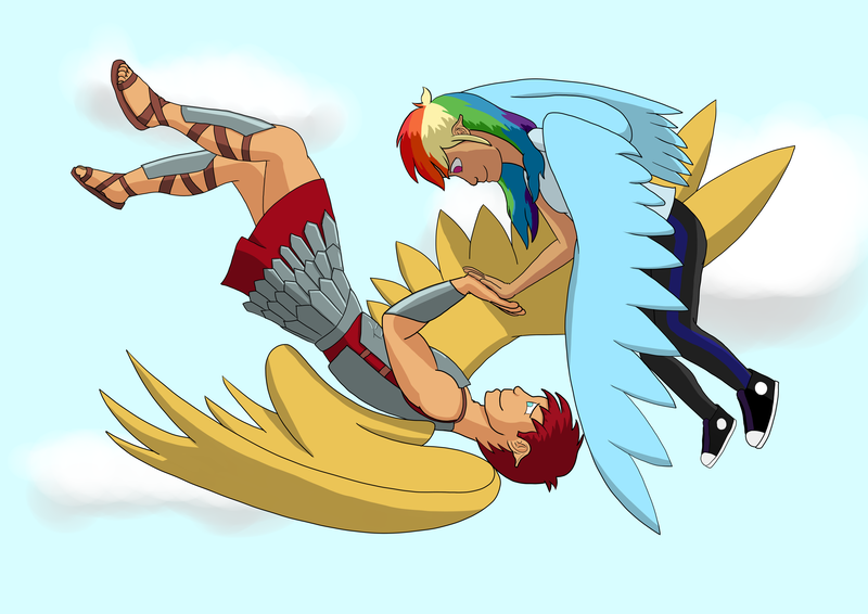 Size: 3504x2480 | Tagged: armor, artist:allonsbro, clothes, converse, dashmagnus, derpibooru import, female, flash magnus, flying, human, humanized, male, rainbow dash, safe, shipping, shoes, straight, winged humanization, wings