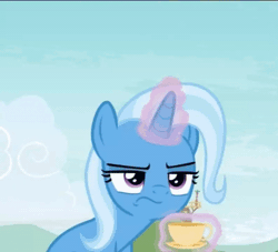 Size: 496x450 | Tagged: safe, derpibooru import, screencap, trixie, pony, unicorn, student counsel, angry tea drinking, animated, cropped, cup, drinking, female, food, loop, magic, magic aura, mare, solo, tea, teacup, telekinesis