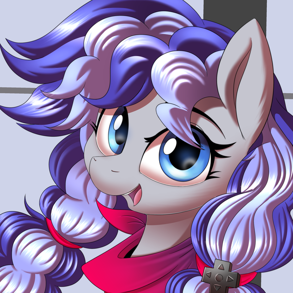 Size: 3000x3000 | Tagged: safe, artist:ask-colorsound, derpibooru import, oc, oc:cinnabyte, unofficial characters only, earth pony, pony, bandana, blue eyes, earth pony oc, female, icon, looking at you, mare, neckerchief, pigtails, purple, simple background, smiling, solo