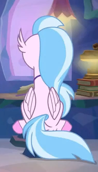 Size: 381x672 | Tagged: animation error, book, classical hippogriff, cropped, derpibooru import, female, hippogriff, rear view, safe, screencap, silverstream, sitting, solo, student counsel, treehouse of harmony