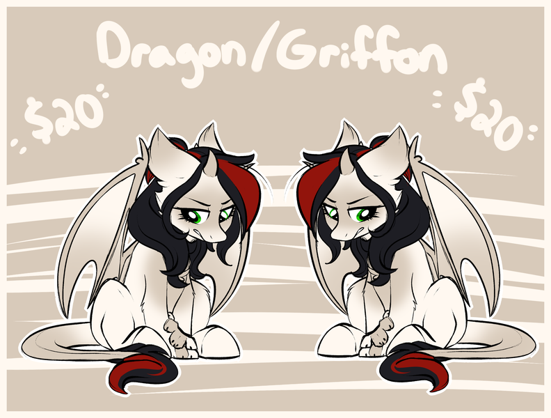 Size: 2050x1554 | Tagged: safe, artist:kellythedrawinguni, derpibooru import, oc, unofficial characters only, dragon, gryphon, hybrid, pony, adoptable, advertisement, female, horn, paws