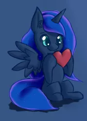 Size: 1000x1400 | Tagged: safe, artist:suziouwabami, derpibooru import, princess luna, alicorn, pony, blue background, cute, ear fluff, female, heart, lunabetes, simple background, sitting, solo