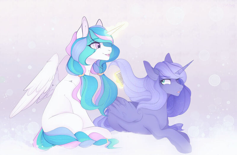 Size: 1024x671 | Tagged: safe, artist:velirenrey, derpibooru import, princess celestia, princess luna, alicorn, pony, alternate hairstyle, braided tail, comb, cute, cutelestia, duo, ear fluff, eye clipping through hair, female, lunabetes, magic, mare, missing cutie mark, one eye closed, open mouth, pigtails, profile, prone, royal sisters, shoulder fluff, siblings, sisters, sitting, telekinesis, twintails, wing fluff