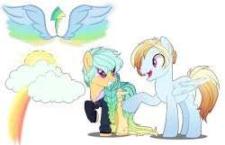 Size: 3100x2000 | Tagged: safe, artist:gihhbloonde, derpibooru import, oc, unofficial characters only, pegasus, pony, female, male, mare, offspring, parent:rainbow dash, parent:zephyr breeze, parents:zephdash, simple background, stallion, transparent background