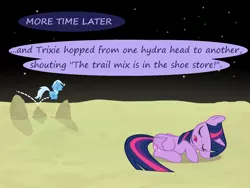 Size: 1200x900 | Tagged: safe, artist:evil-dec0y, derpibooru import, trixie, twilight sparkle, twilight sparkle (alicorn), alicorn, pony, comic:trixie vs., comic:trixie vs. the moon, age regression, comic, female, filly, filly trixie, moon, skipping, sleeping, younger