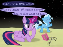 Size: 1200x900 | Tagged: safe, artist:evil-dec0y, derpibooru import, trixie, twilight sparkle, twilight sparkle (alicorn), alicorn, pony, comic:trixie vs., comic:trixie vs. the moon, age regression, comic, drawing, female, filly, filly trixie, magic, moon, telekinesis, younger