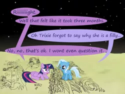 Size: 1200x900 | Tagged: safe, artist:evil-dec0y, derpibooru import, applejack, derpy hooves, rarity, trixie, twilight sparkle, twilight sparkle (alicorn), alicorn, pony, comic:trixie vs., comic:trixie vs. the moon, age regression, comic, drawing, female, filly, filly trixie, fine art parody, mona lisa, moon, the birth of venus, wet, wet mane, wet mane rarity, younger