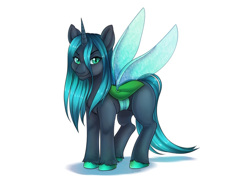 Size: 2400x1900 | Tagged: safe, artist:arinadler, derpibooru import, queen chrysalis, ponified, changeling, changeling queen, pony, female, looking at you, simple background, solo, unshorn fetlocks, white background