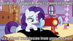 Size: 450x253 | Tagged: suggestive, derpibooru import, edit, edited screencap, screencap, rarity, pony, unicorn, green isn't your color, animated, caption, carousel boutique, female, gif, gif with captions, implied erection, mare, sewing, sewing machine, solo, text, wat