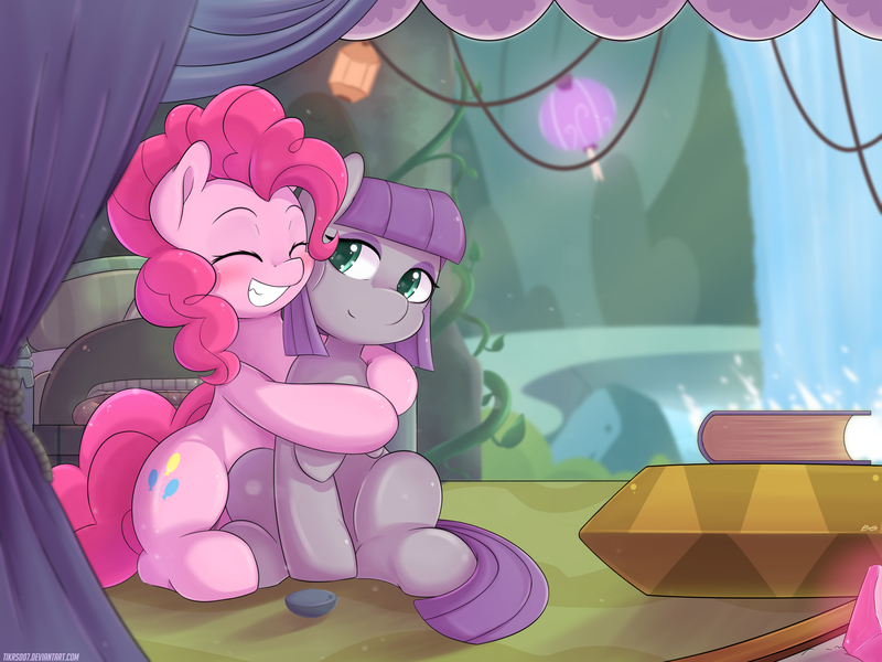 Size: 3200x2400 | Tagged: safe, artist:tikrs007, derpibooru import, maud pie, pinkie pie, earth pony, pony, blushing, book, cute, diapinkes, duo, eyes closed, female, hug, lamp, mare, maud's cave, maudabetes, siblings, sisters, smiling, when she smiles