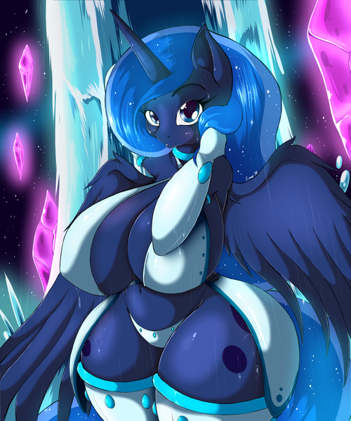 Size: 1480x1776 | Tagged: absolute cleavage, alicorn, alternate version, anthro, armpits, artist:suirano, big breasts, breasts, busty princess luna, cleavage, clothes, derpibooru import, erect nipples, eyebrows, eyelashes, female, horn, huge breasts, impossibly large breasts, mane, mare, nipple outline, panties, princess luna, royalty, sexy, solo, solo female, sparkles, suggestive, tail, thick, underwear, wide hips, wings